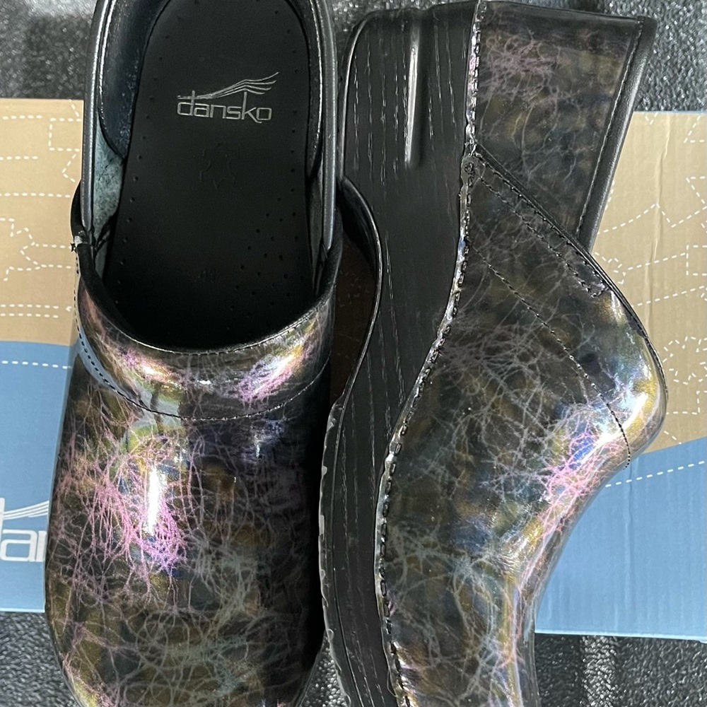 Dansko shiny blue and gold